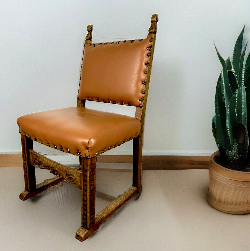 1 von 2 spanischer Stil Stuhl Leder Art Deco Massivholz Schnitzarbeiten