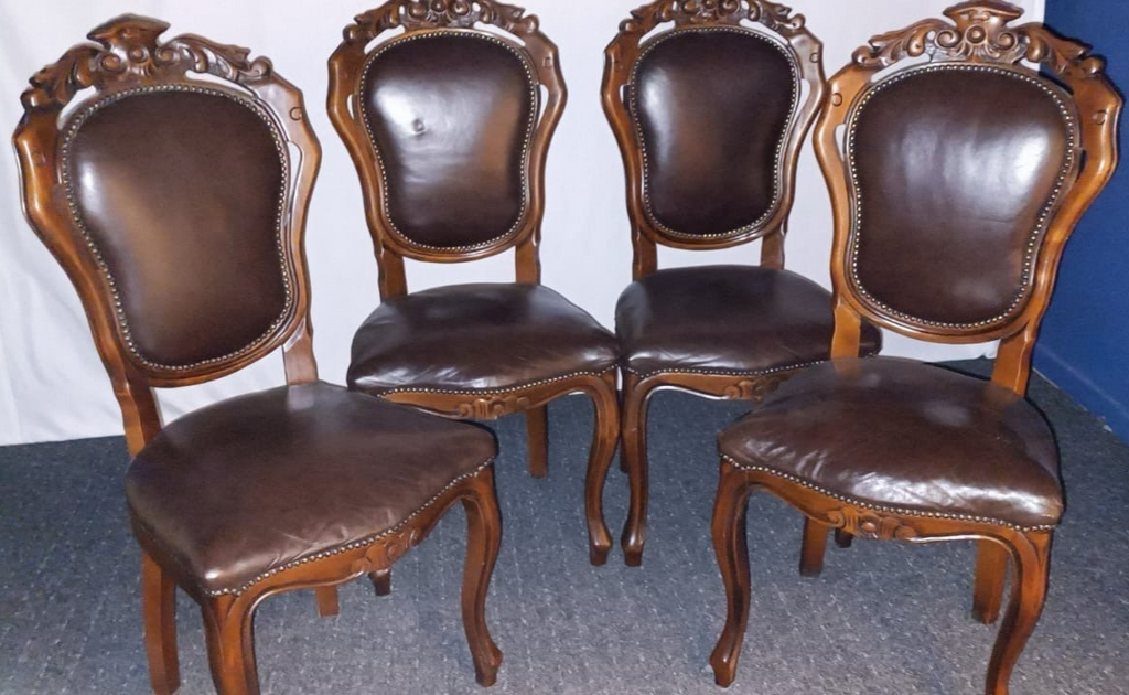 Stuhl Set 4tlg, Barock, Art Deco, Leder, Holzschnitzarbeiten, Esszimmer, Antik