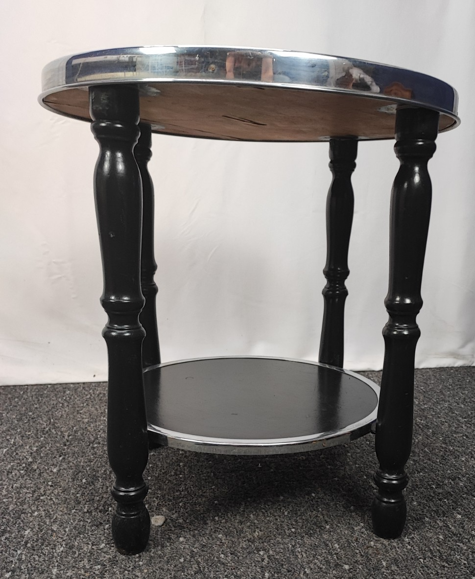 Art Deco Beistelltisch Rund Schwarz Chrom 2 Ebenen gedrechselte Beine antik