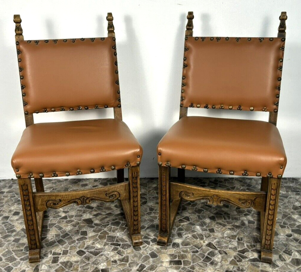 1 von 2 spanischer Stil Stuhl Leder Art Deco Massivholz Schnitzarbeiten