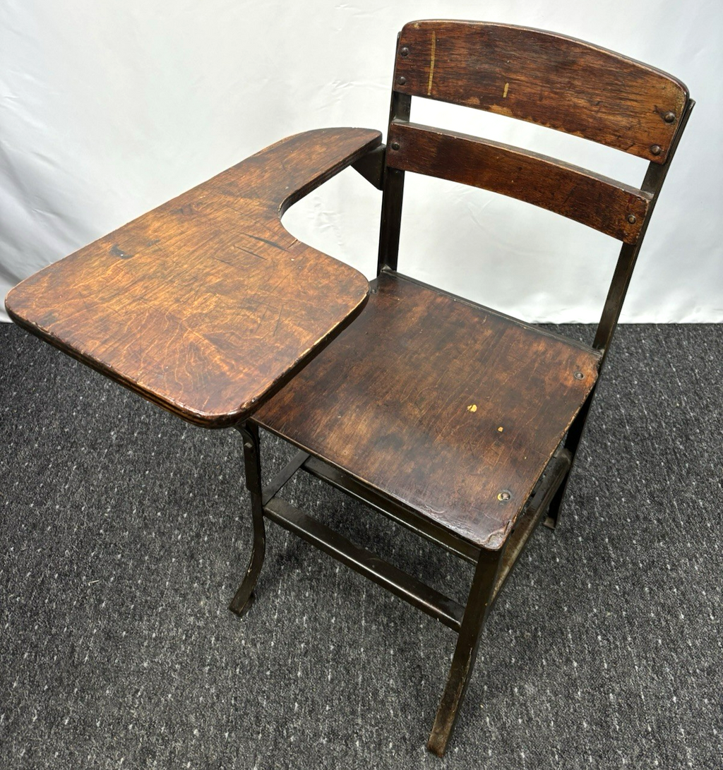 Universitäts- /Schulstuhl USA Desk Chair Massivholz Stahl Büro ca. 1930