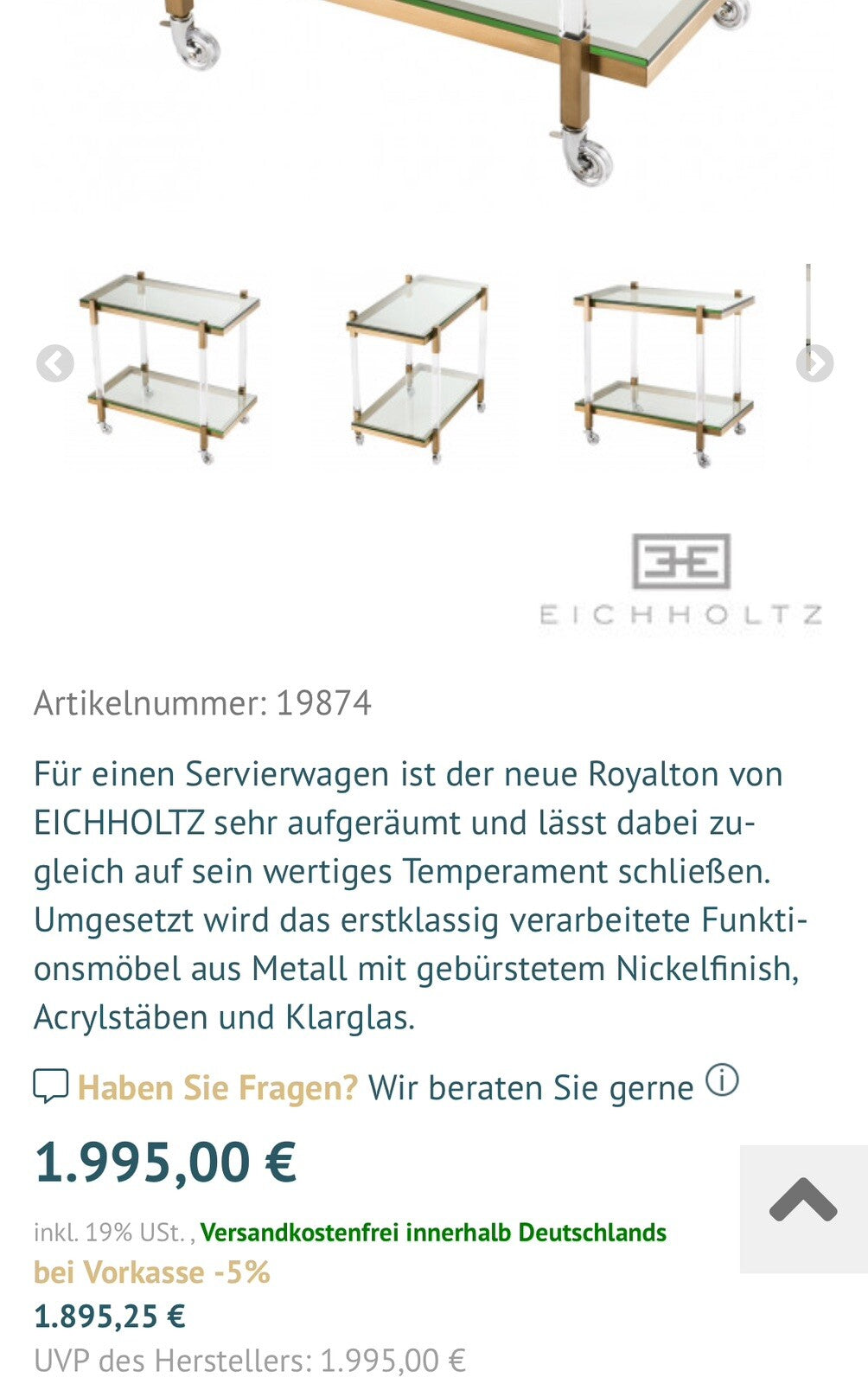EICHHOLTZ Royalton Servierwagen Barwagen Messing gebürstet Glas Vintage Regency