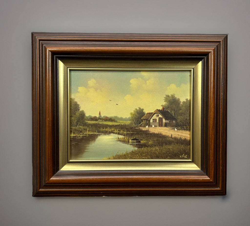 Ölgemälde gerahmt, signiert, Landschaft, Niederländisch, Cottage, Kanal, Vintage