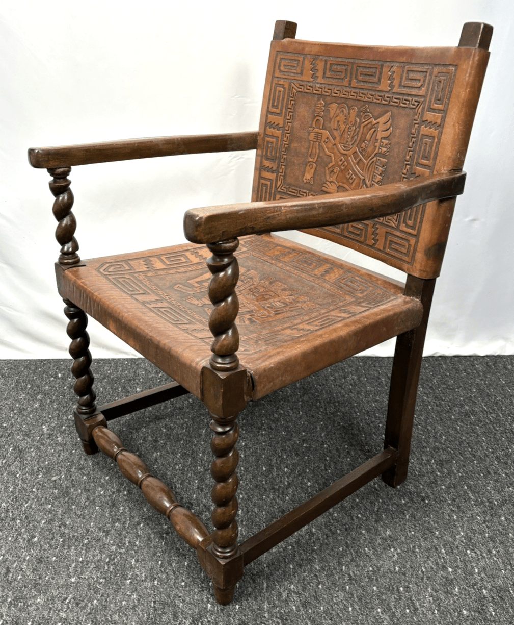 Antiker Armlehnstuhl mit geprägtem Leder Massivholz Handarbeit Kolonialstil - Wesel Antik Kunst Vintage