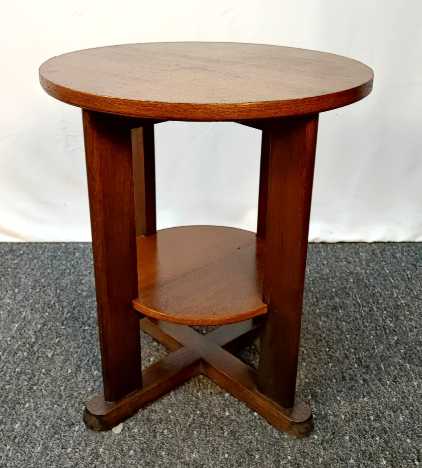 Art Déco Beistelltisch Eiche 2-stöckig Rund 1920er Vintage Kreuzfuß Massivholz