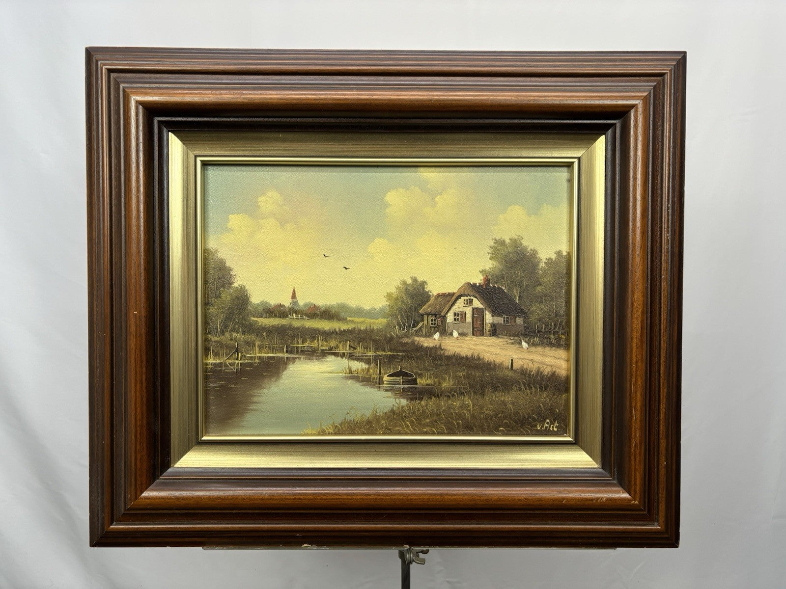 Ölgemälde gerahmt, signiert, Landschaft, Niederländisch, Cottage, Kanal, Vintage