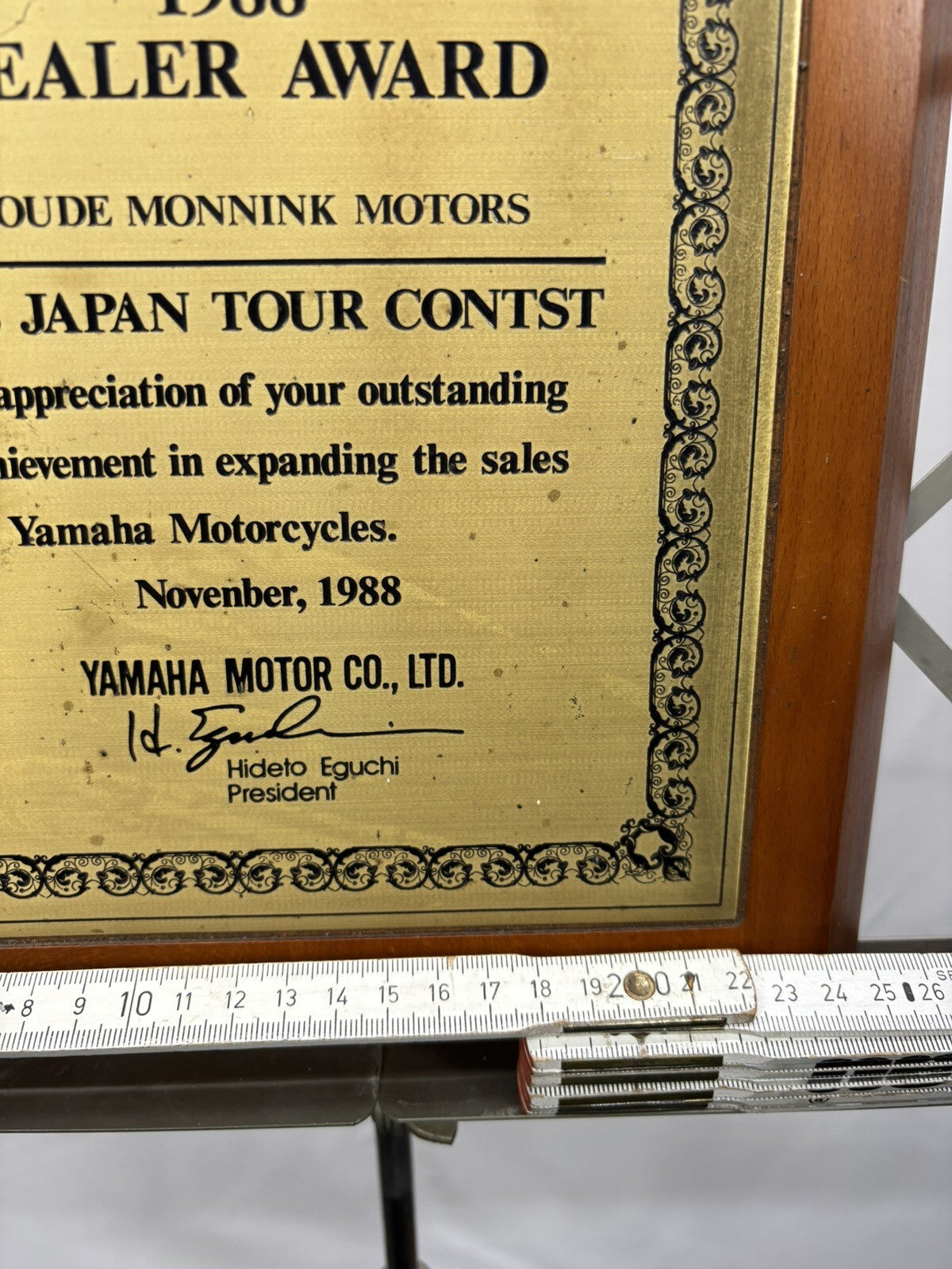 Yamaha Urkunde 1988 Dealer Adward Massiv Holz Vintage 35x25cm