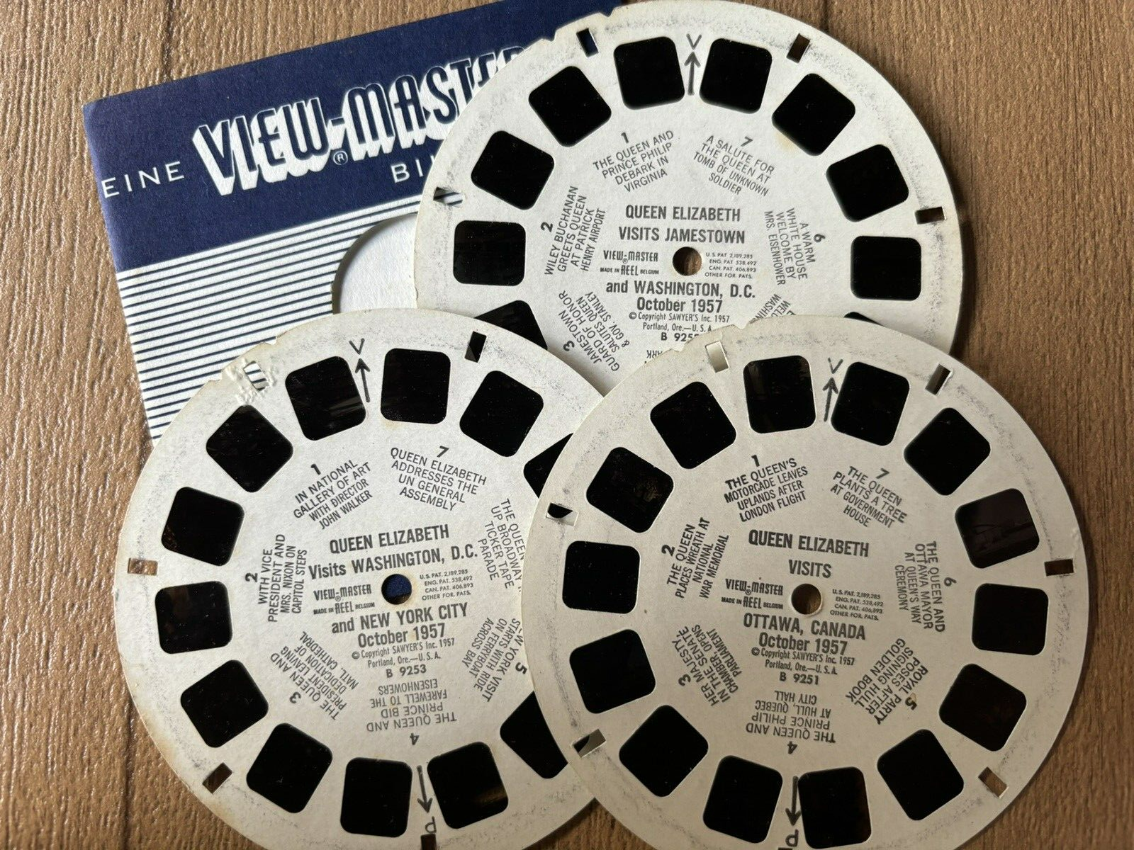 3er Set, view-master, Queen Elizabeth visits, Nr. 9251, 9252, 9253 guter Zustand