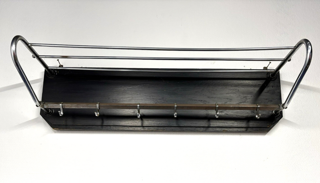 Antike Wandgarderobe Stahlrohr Bauhaus Holz Chrom mit Haken, Hutablage Art Deco