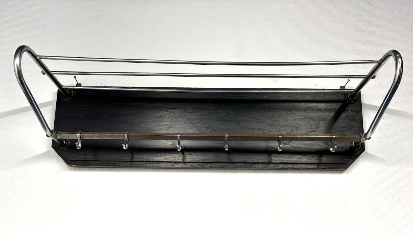 Antike Wandgarderobe Stahlrohr Bauhaus Holz Chrom mit Haken, Hutablage Art Deco