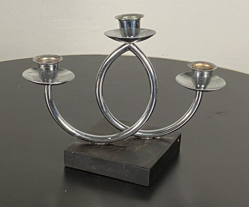 Art Deco Kerzenständer 3-armig Bauhaus Chrom Holz Vintage Wesel-Antik