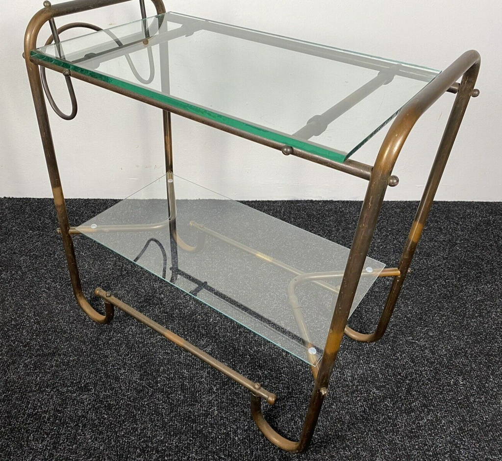 Beistelltisch Bartisch Schlaufenfuß Bauhaus Stahlrohr Nickel Kupfer Glas