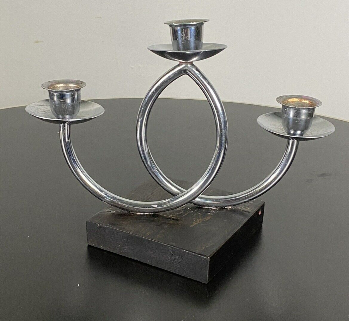 Art Deco Kerzenständer 3-armig Bauhaus Chrom Holz Vintage Wesel-Antik
