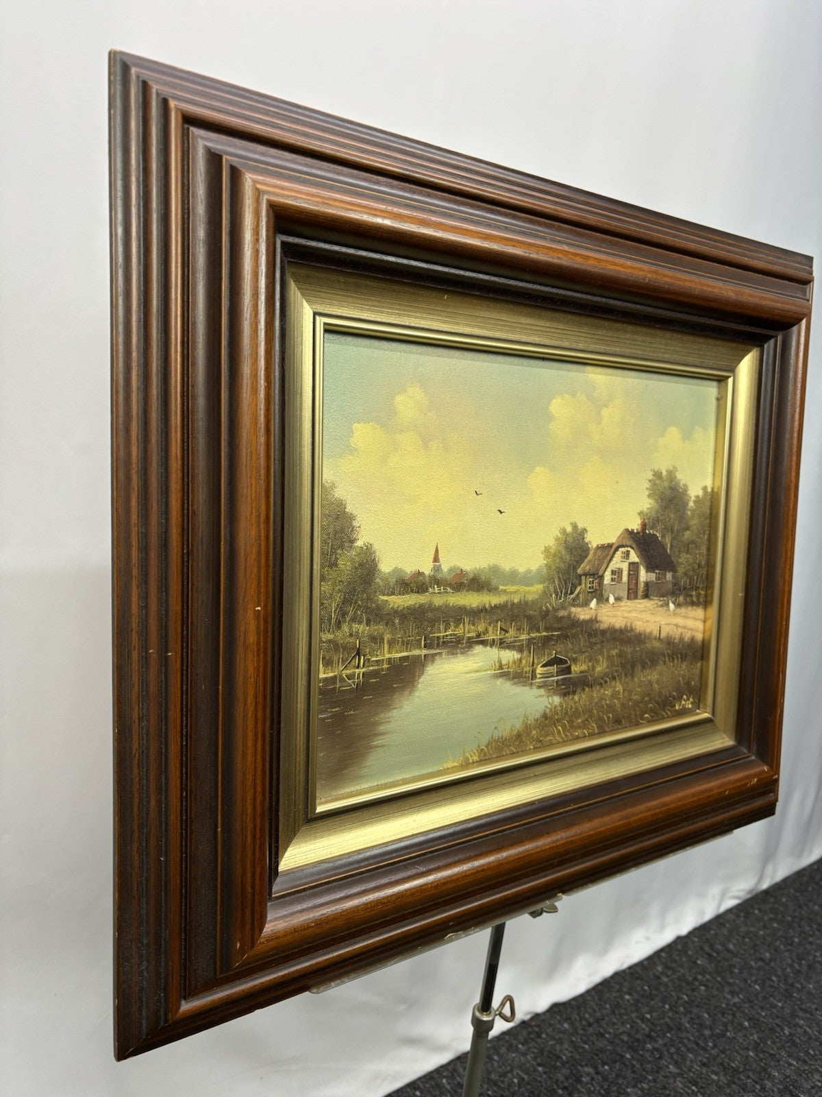 Ölgemälde gerahmt, signiert, Landschaft, Niederländisch, Cottage, Kanal, Vintage