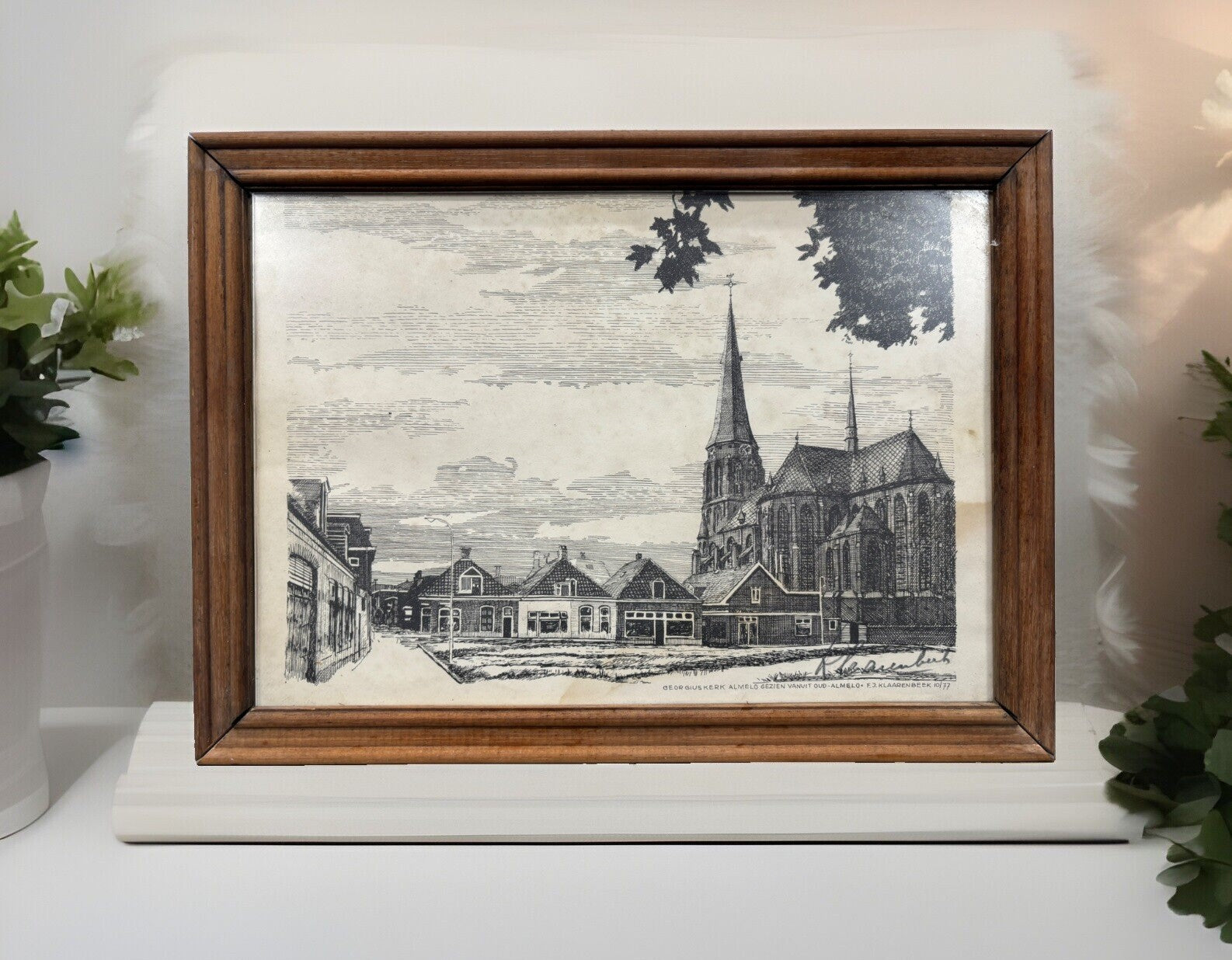 FJ. Klaarenbeek Bleistiftzeichnung Bild  Antik  34 x 24 cm Basilika in Almelo