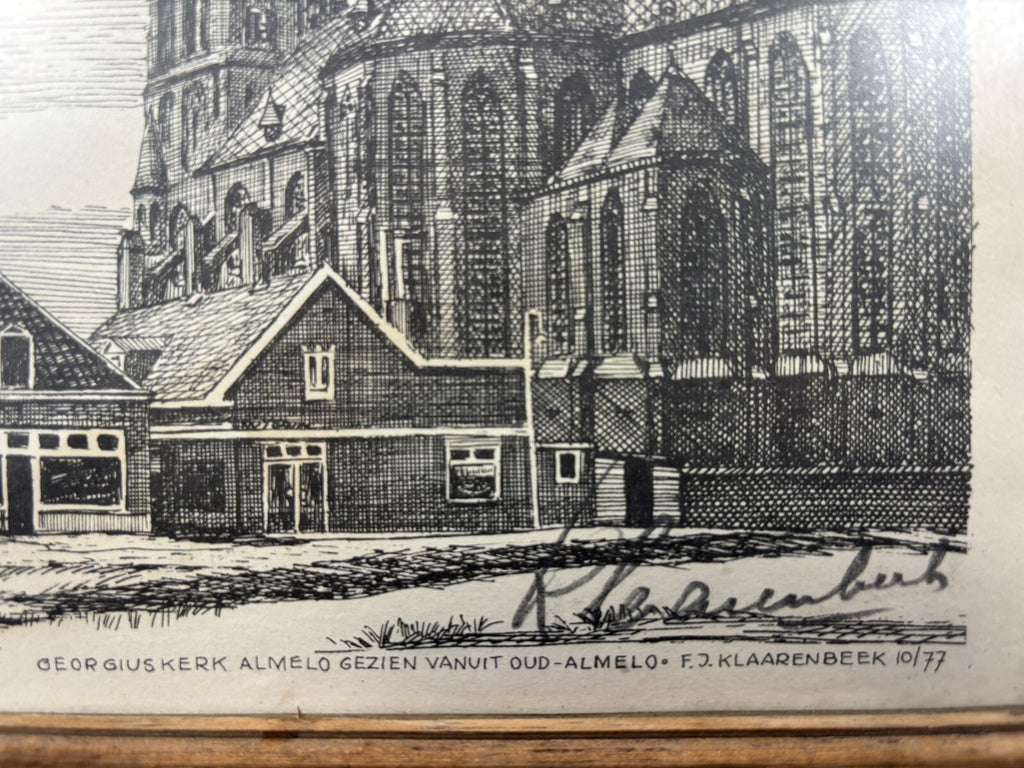 FJ. Klaarenbeek Bleistiftzeichnung Bild  Antik  34 x 24 cm Basilika in Almelo