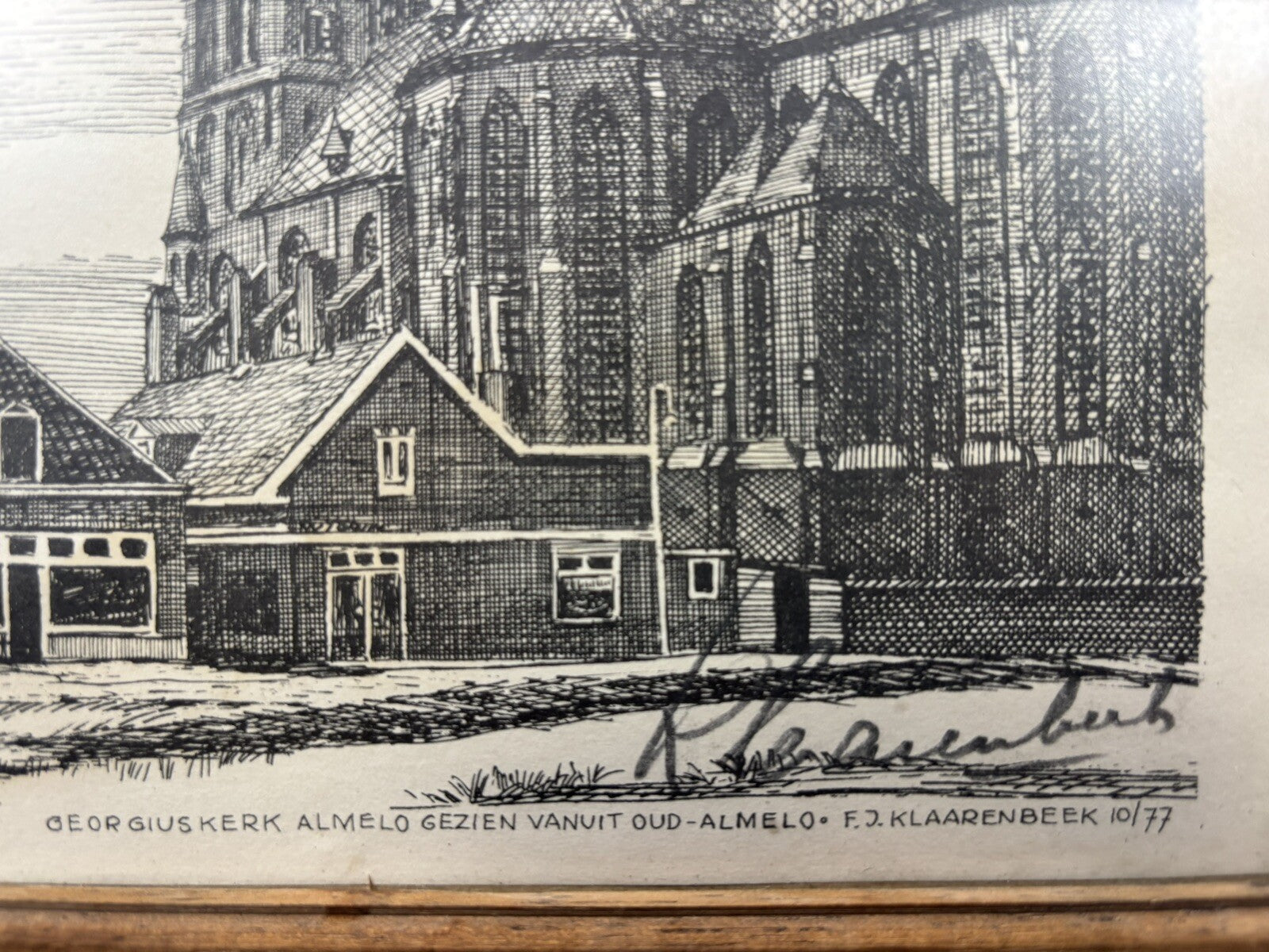 FJ. Klaarenbeek Bleistiftzeichnung Bild  Antik  34 x 24 cm Basilika in Almelo