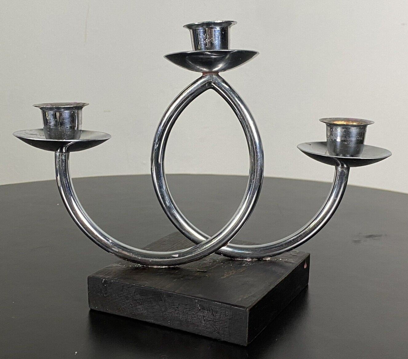 Kerzenständer Chrom/ Holz Bauhaus Stahlrohr dreiflammig