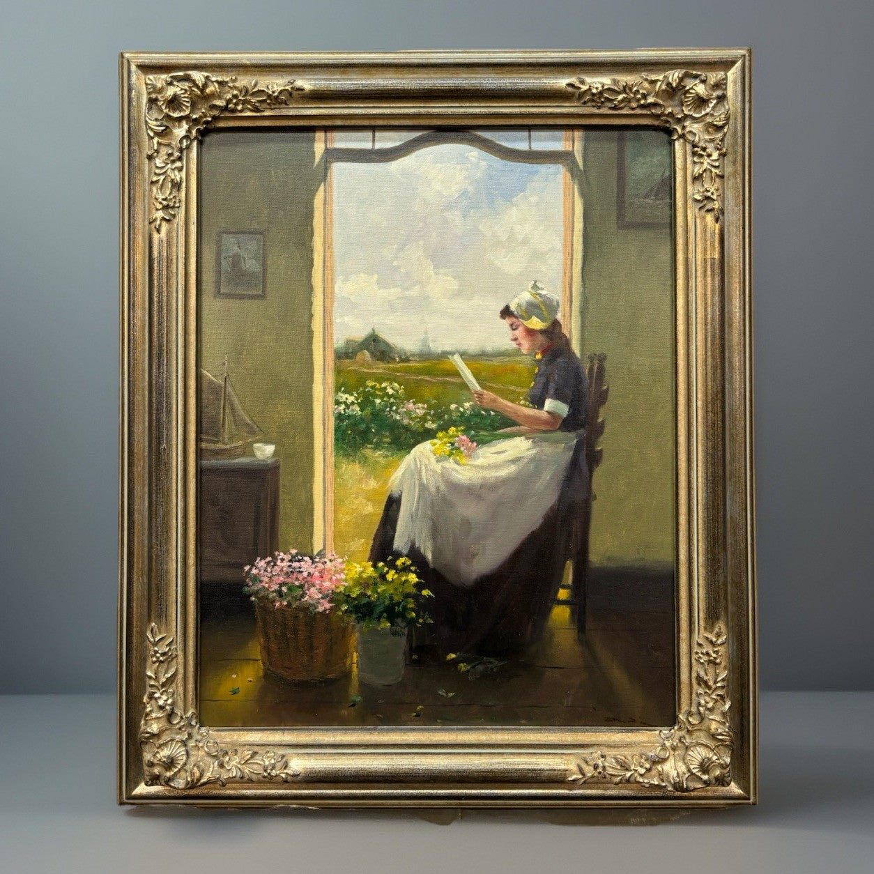 Gemälde Fritz Möritz,  Holländerin am Fenster gerahmt signiert ca. 53 x 85 cm