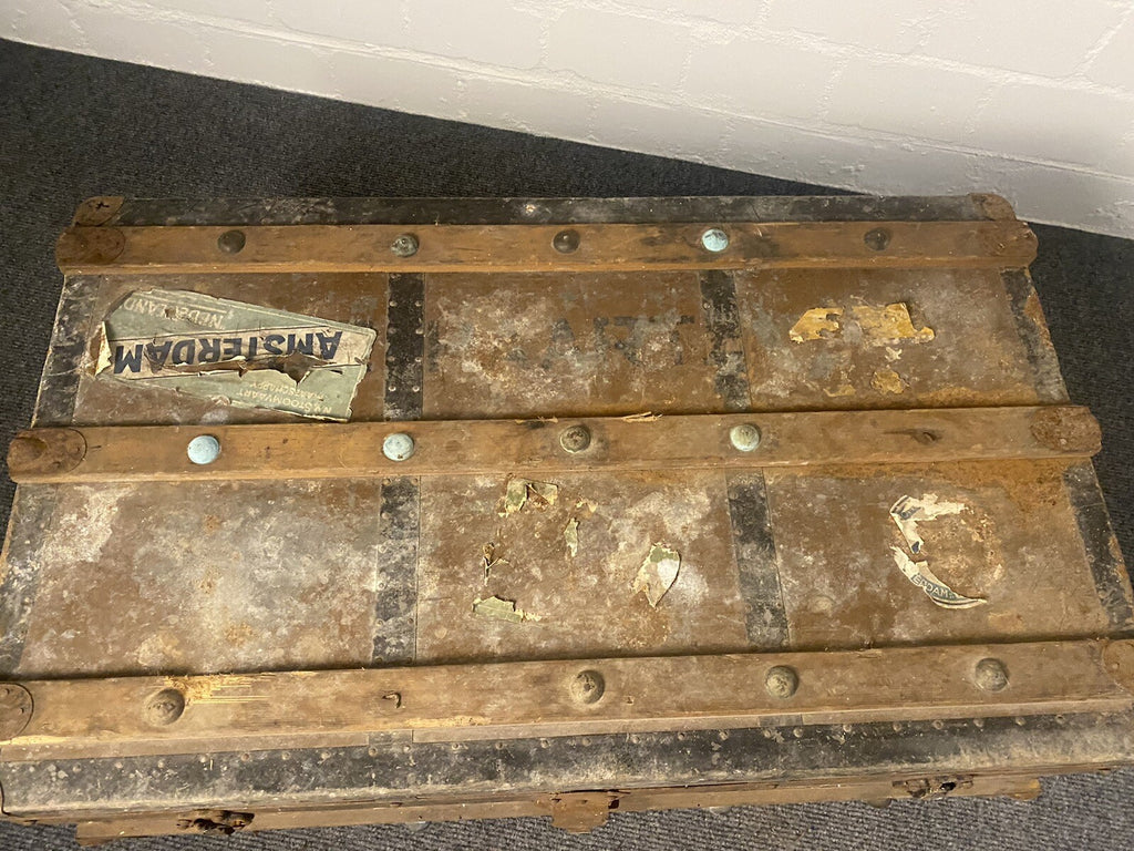 Antiker Koffer, Metall/ Holz, Truhe, Tisch, Holland, Niederlande