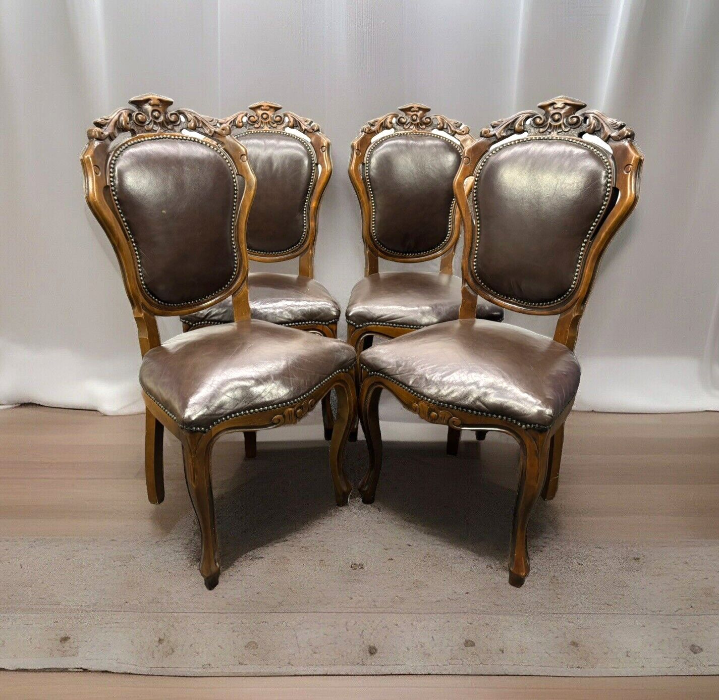 Stuhl Set 4tlg, Barock, Art Deco, Leder, Holzschnitzarbeiten, Esszimmer, Antik