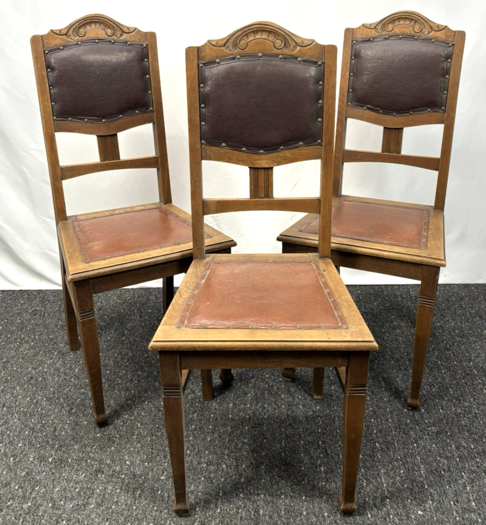 1 von 3 Jugendstil Esszimmerstuhl Art Deco Antik Holz Leder