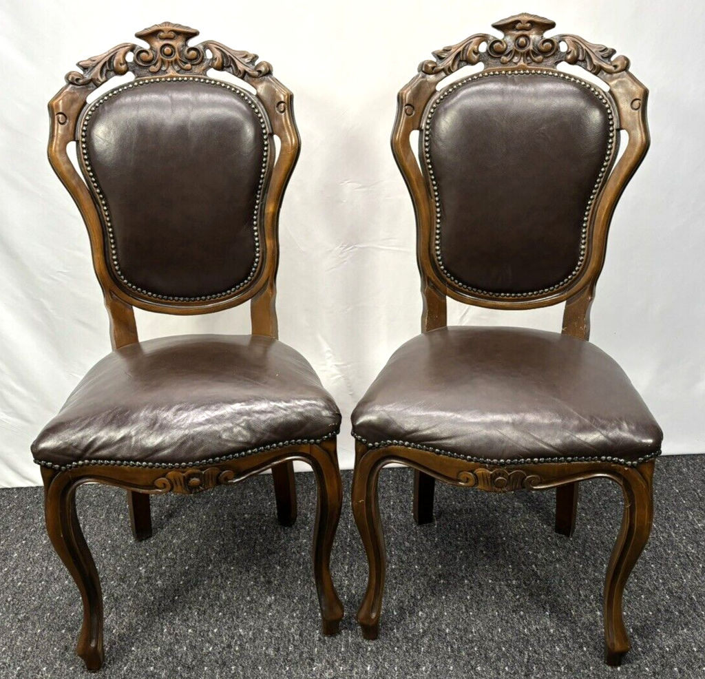 Stuhl Set 4tlg, Barock, Art Deco, Leder, Holzschnitzarbeiten, Esszimmer, Antik