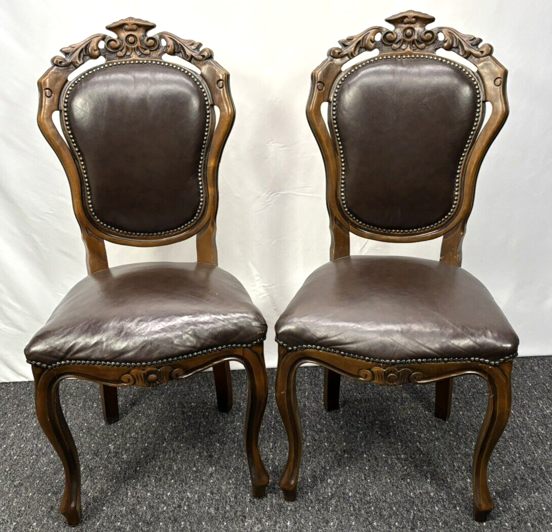 Stuhl Set 4tlg, Barock, Art Deco, Leder, Holzschnitzarbeiten, Esszimmer, Antik