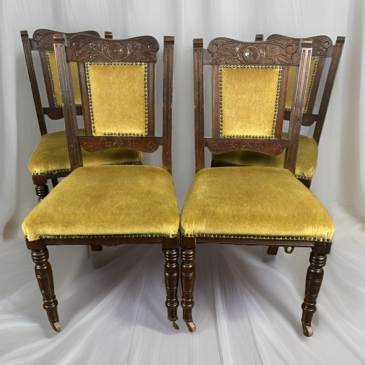 4er Set Antike Stühle Jugendstil viktorianisch Esszimmer Art Deco Holzschnitzarb