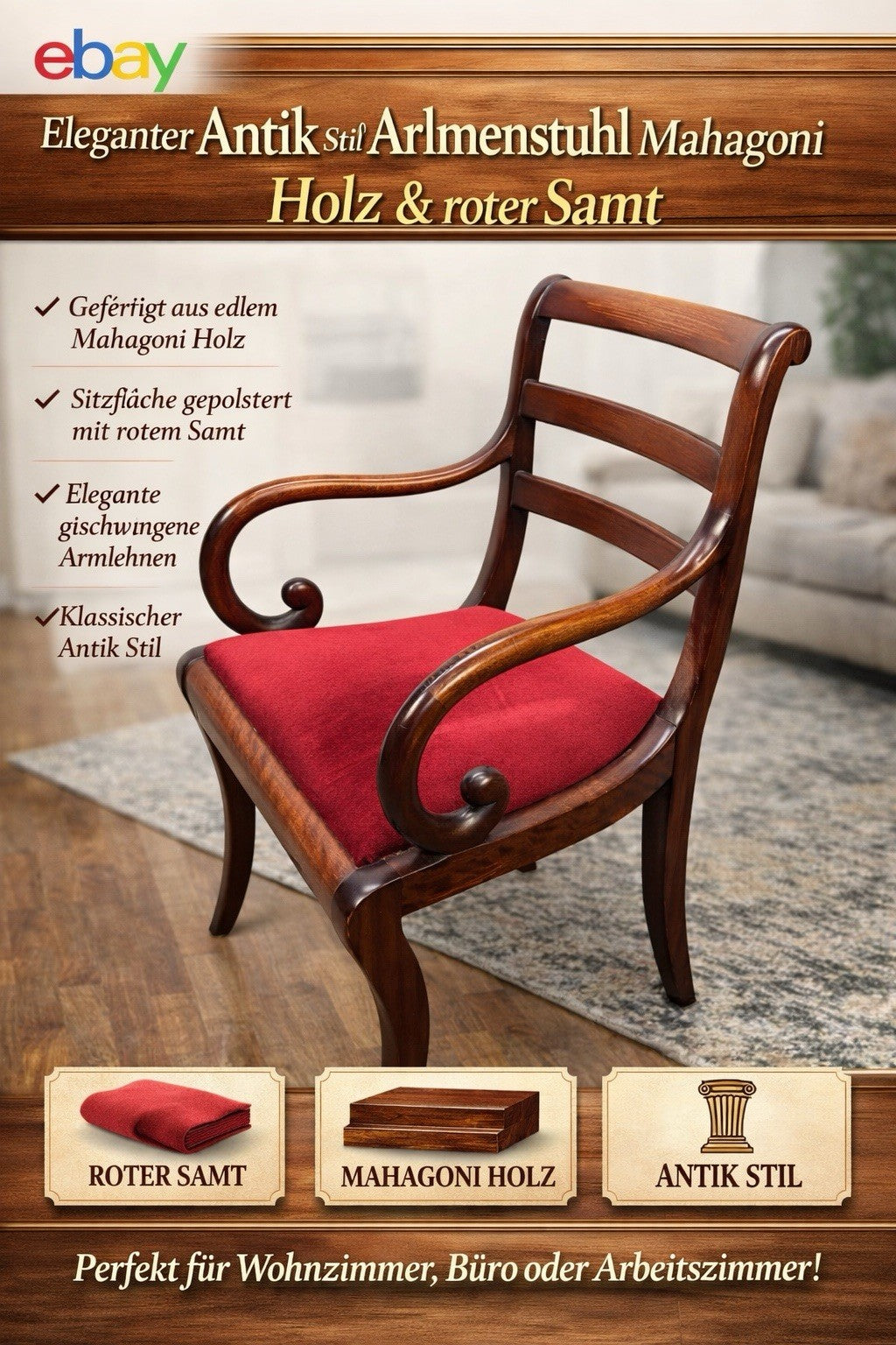 1 von 4 Antik Armlehnstuhl Mahagoni Holz roter Samt – Biedermeier Stil