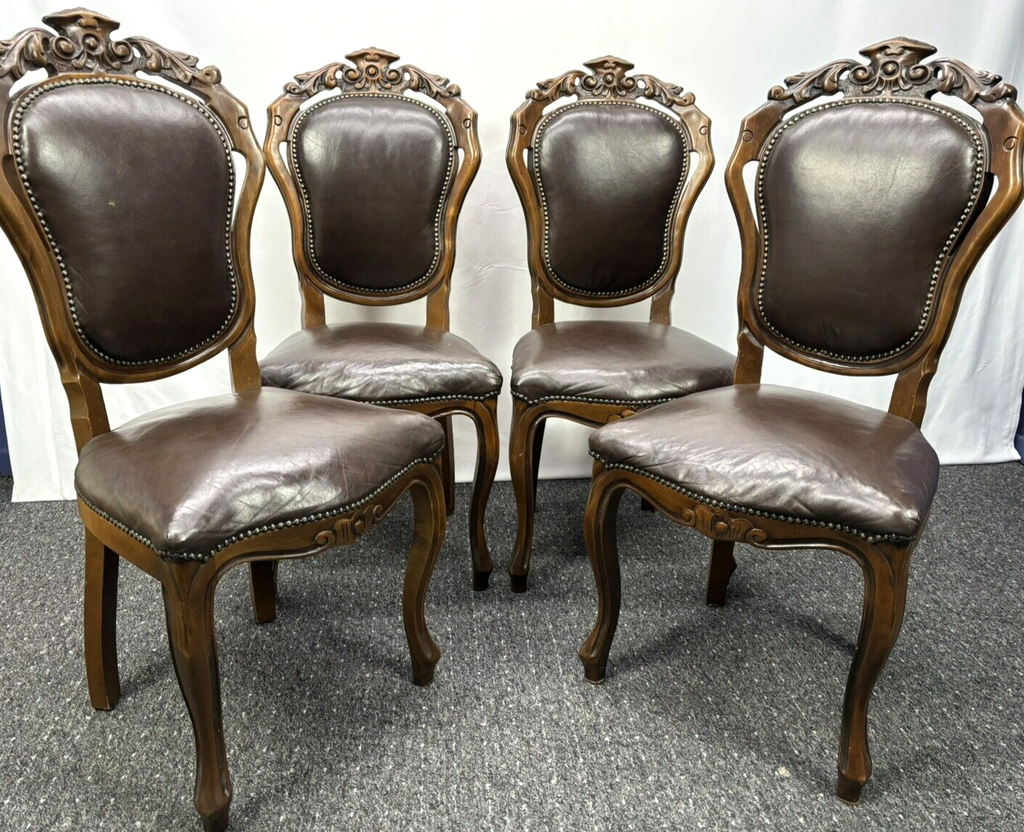 Stuhl Set 4tlg, Barock, Art Deco, Leder, Holzschnitzarbeiten, Esszimmer, Antik