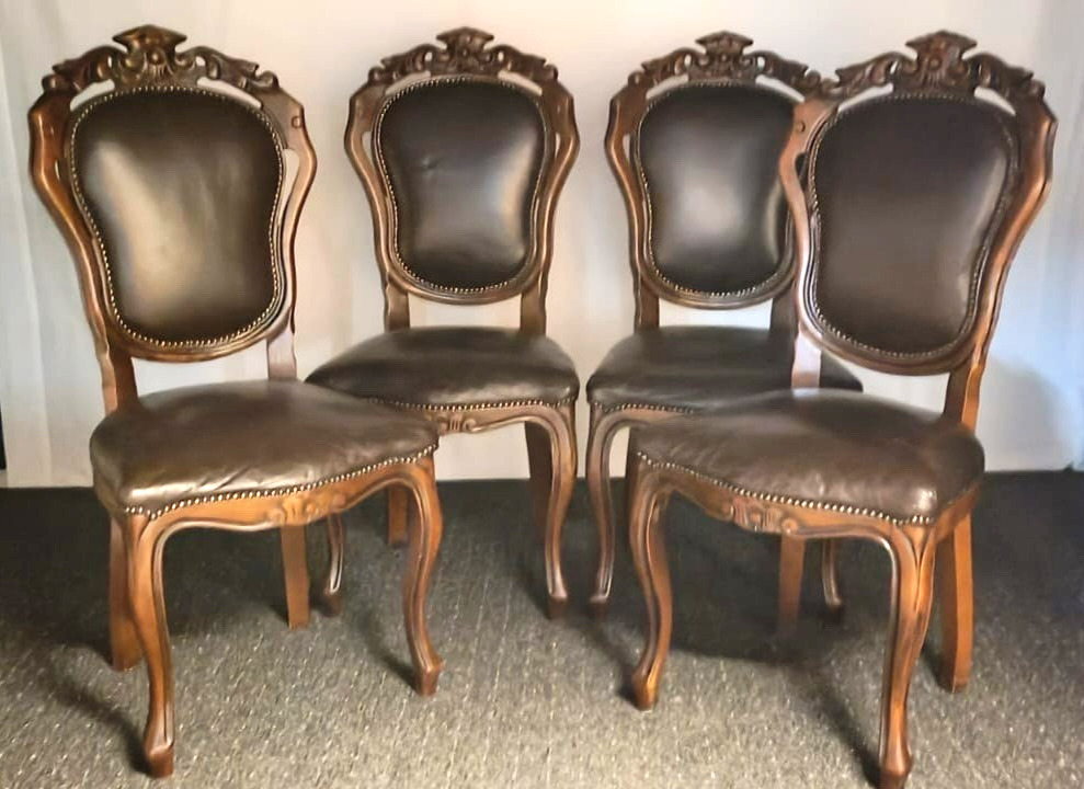 Stuhl Set 4tlg, Barock, Art Deco, Leder, Holzschnitzarbeiten, Esszimmer, Antik