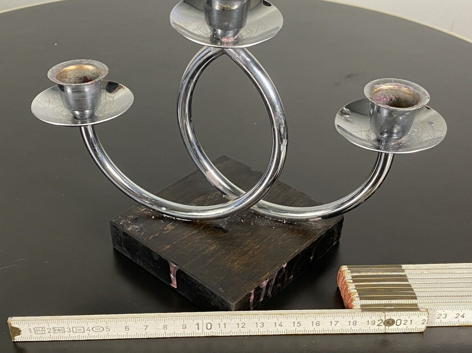 Kerzenständer Chrom/ Holz Bauhaus Stahlrohr dreiflammig