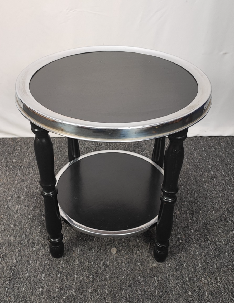 Art Deco Beistelltisch Rund Schwarz Chrom 2 Ebenen gedrechselte Beine antik