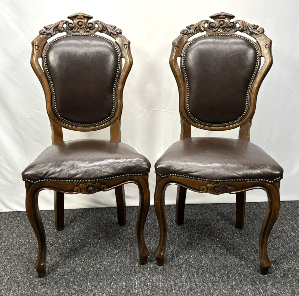 Stuhl Set 4tlg, Barock, Art Deco, Leder, Holzschnitzarbeiten, Esszimmer, Antik