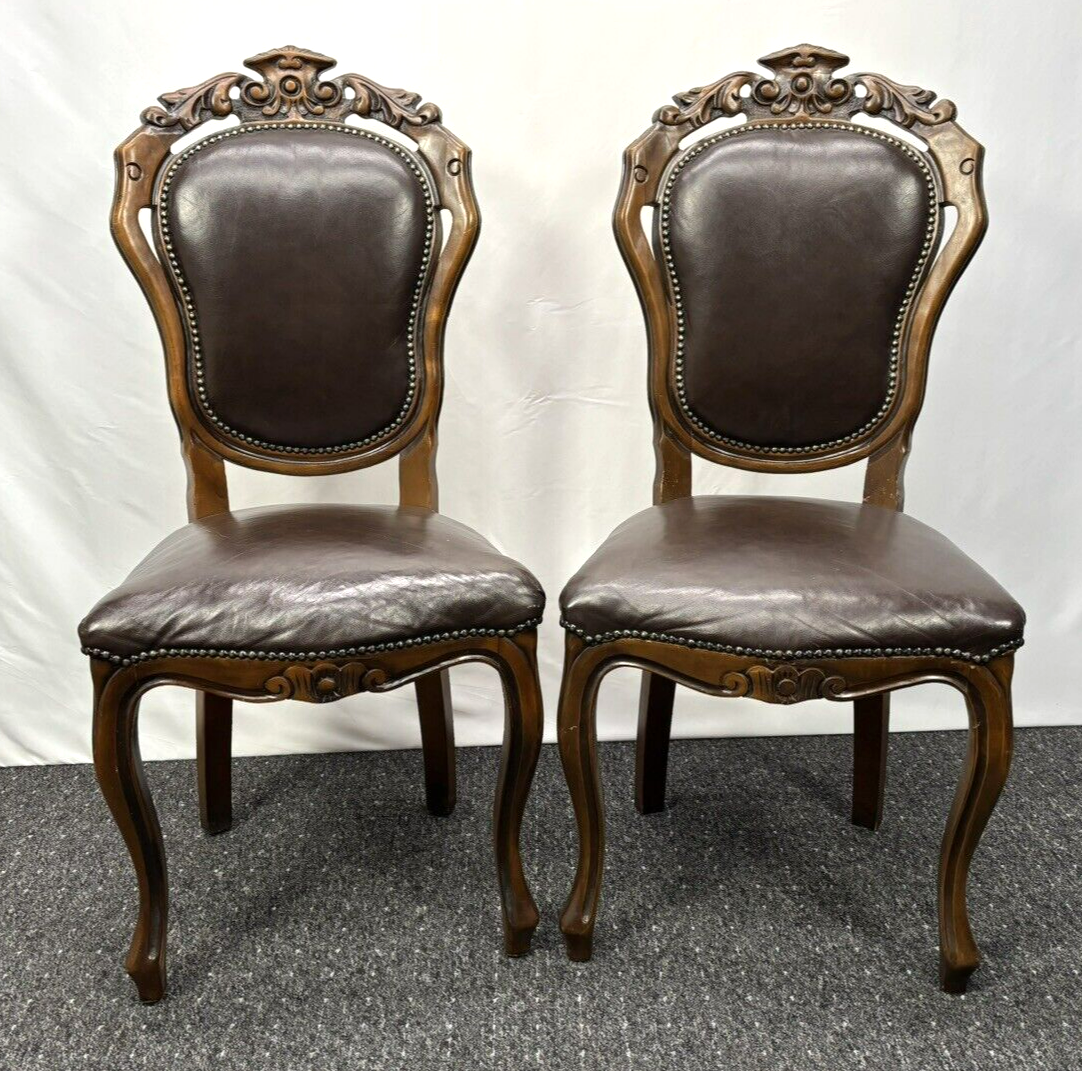 Stuhl Set 4tlg, Barock, Art Deco, Leder, Holzschnitzarbeiten, Esszimmer, Antik