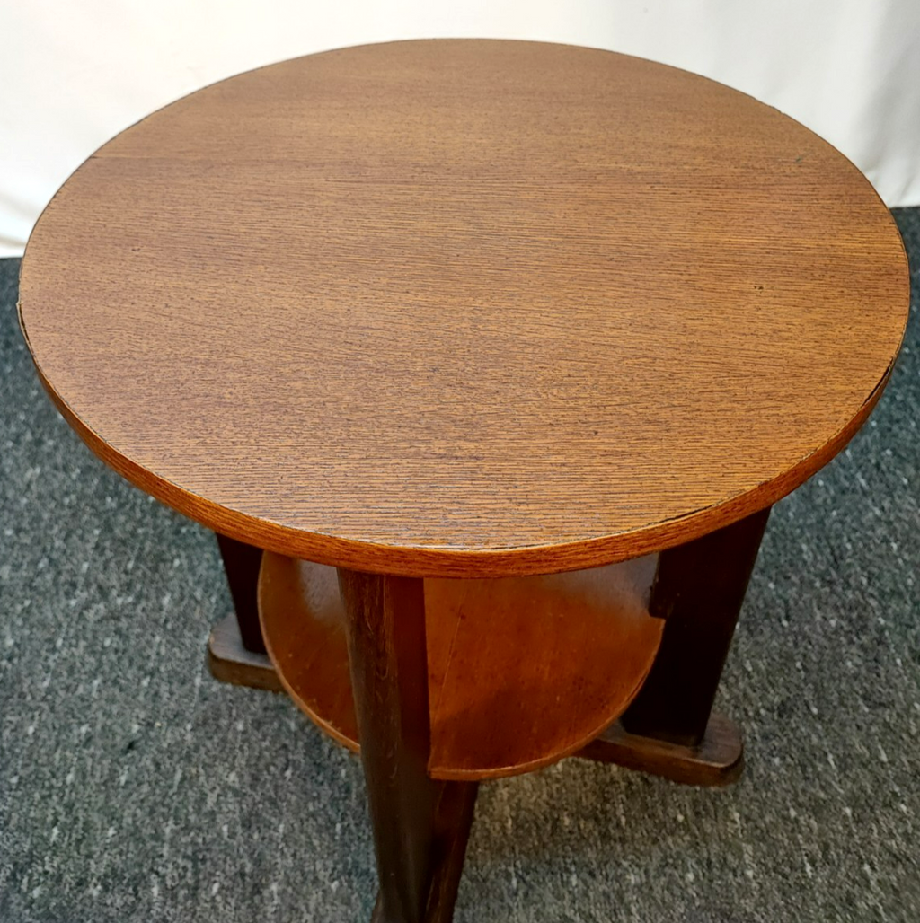 Art Déco Beistelltisch Eiche 2-stöckig Rund 1920er Vintage Kreuzfuß Massivholz
