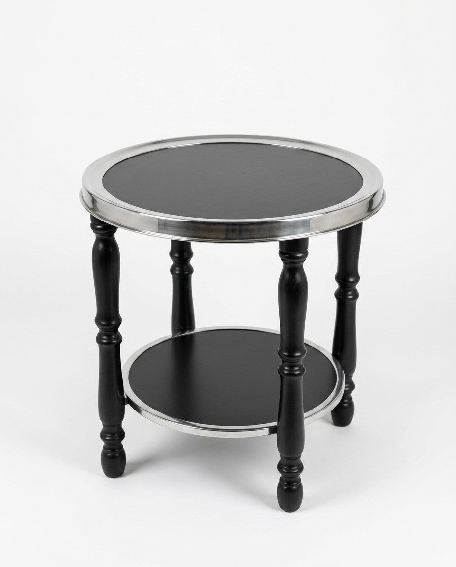 Art Deco Beistelltisch Rund Schwarz Chrom 2 Ebenen gedrechselte Beine antik