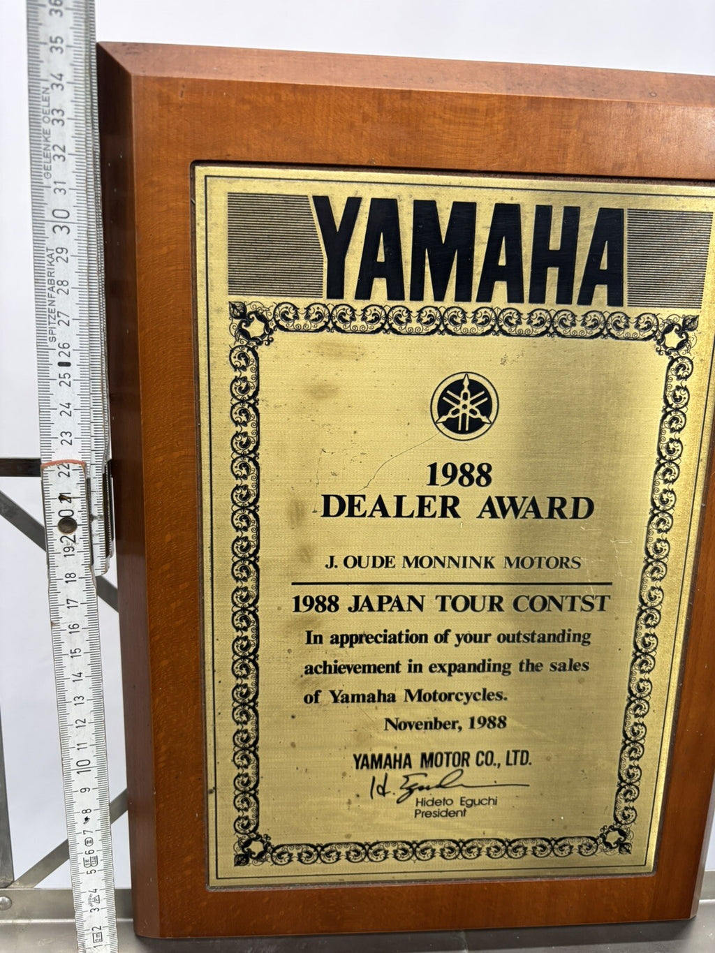 Yamaha Urkunde 1988 Dealer Adward Massiv Holz Vintage 35x25cm