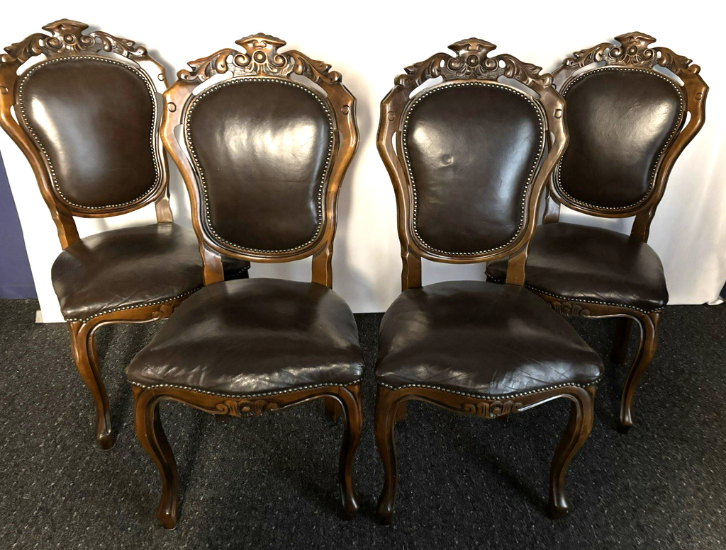 Stuhl Set 4tlg, Barock, Art Deco, Leder, Holzschnitzarbeiten, Esszimmer, Antik