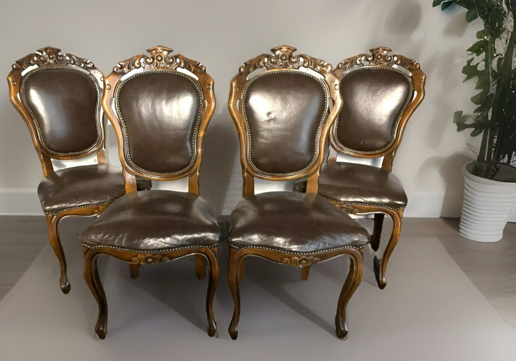 Stuhl Set 4tlg, Barock, Art Deco, Leder, Holzschnitzarbeiten, Esszimmer, Antik