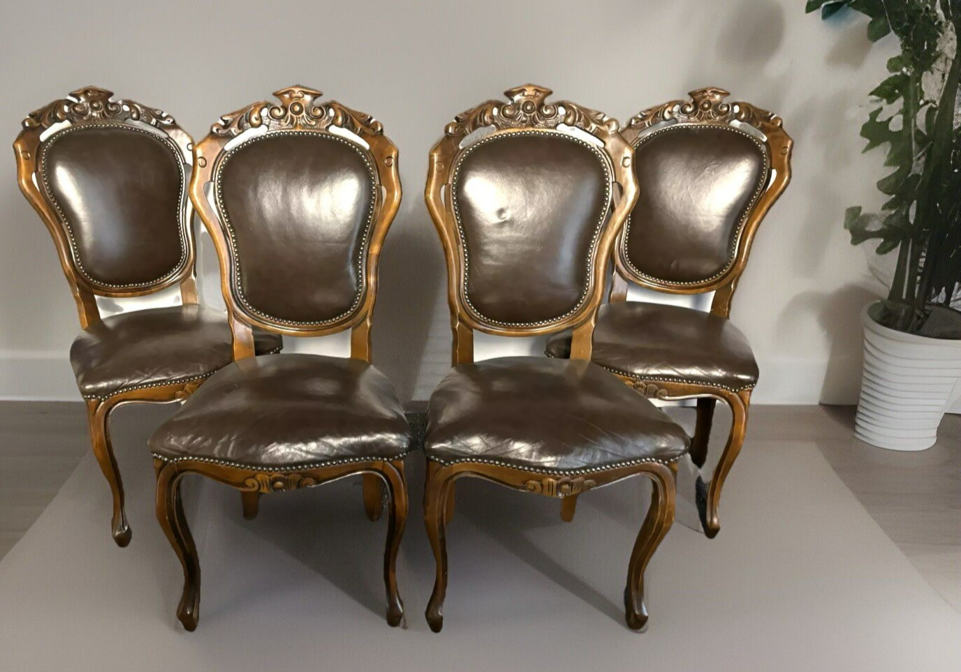 Stuhl Set 4tlg, Barock, Art Deco, Leder, Holzschnitzarbeiten, Esszimmer, Antik