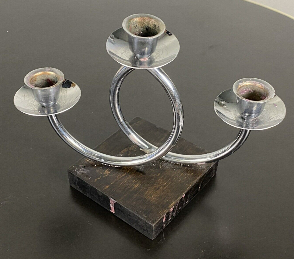Kerzenständer Chrom/ Holz Bauhaus Stahlrohr dreiflammig