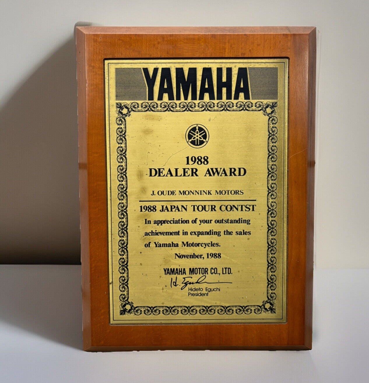 Yamaha Urkunde 1988 Dealer Adward Massiv Holz Vintage 35x25cm