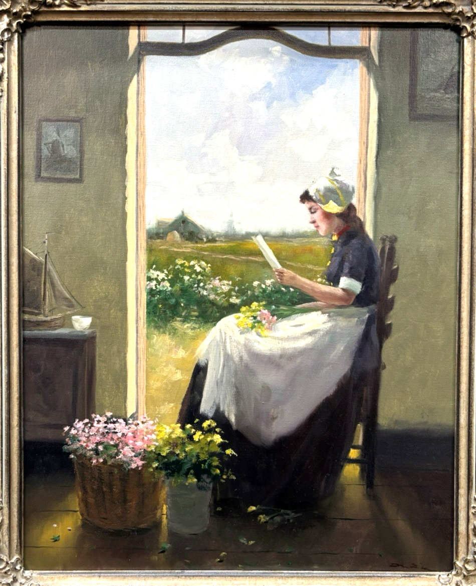 Gemälde Fritz Möritz,  Holländerin am Fenster gerahmt signiert ca. 53 x 85 cm