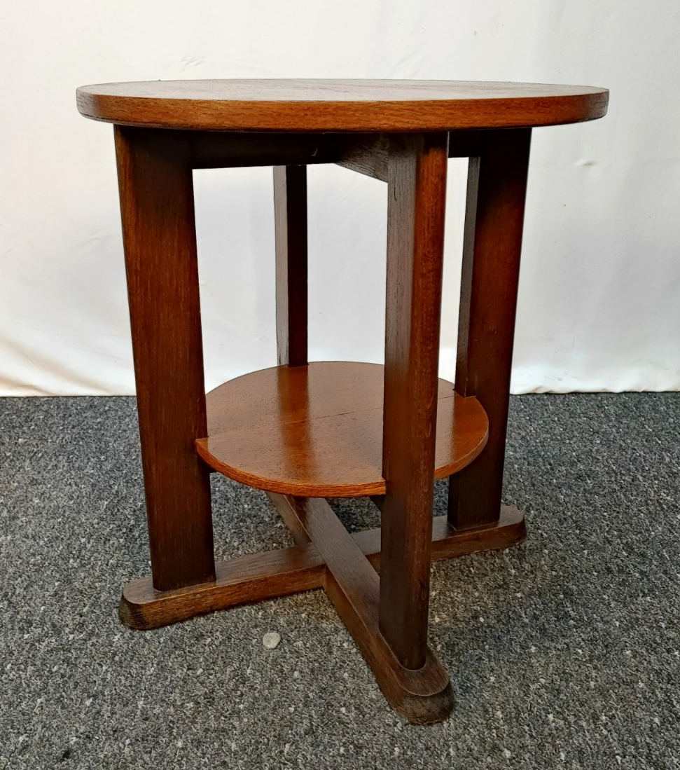 Art Déco Beistelltisch Eiche 2-stöckig Rund 1920er Vintage Kreuzfuß Massivholz