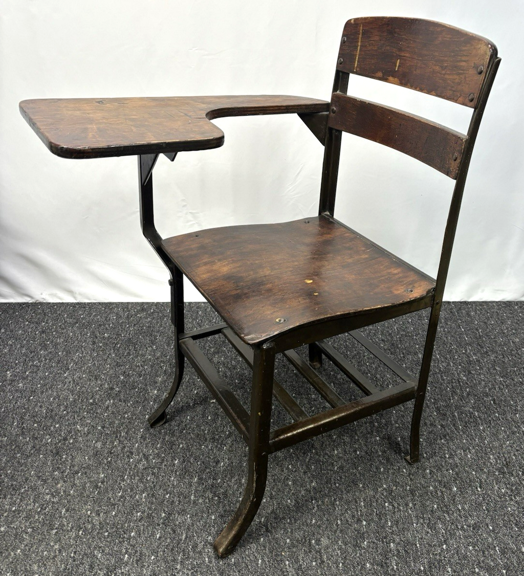Universitäts- /Schulstuhl USA Desk Chair Massivholz Stahl Büro ca. 1930