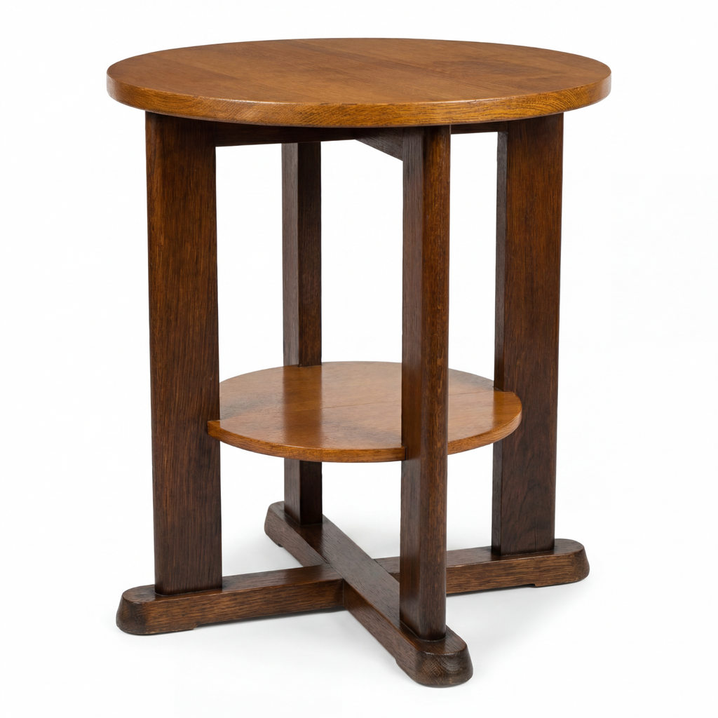 Art Déco Beistelltisch Eiche 2-stöckig Rund 1920er Vintage Kreuzfuß Massivholz