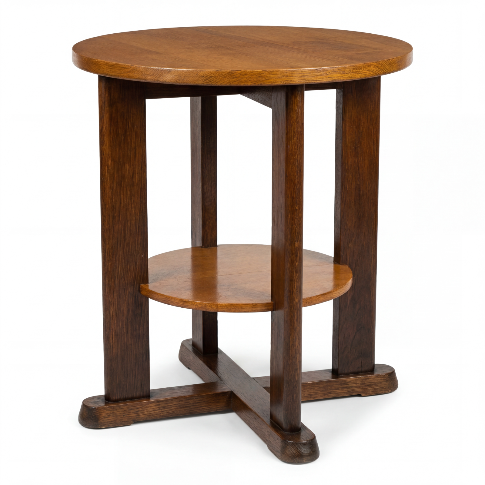 Art Déco Beistelltisch Eiche 2-stöckig Rund 1920er Vintage Kreuzfuß Massivholz