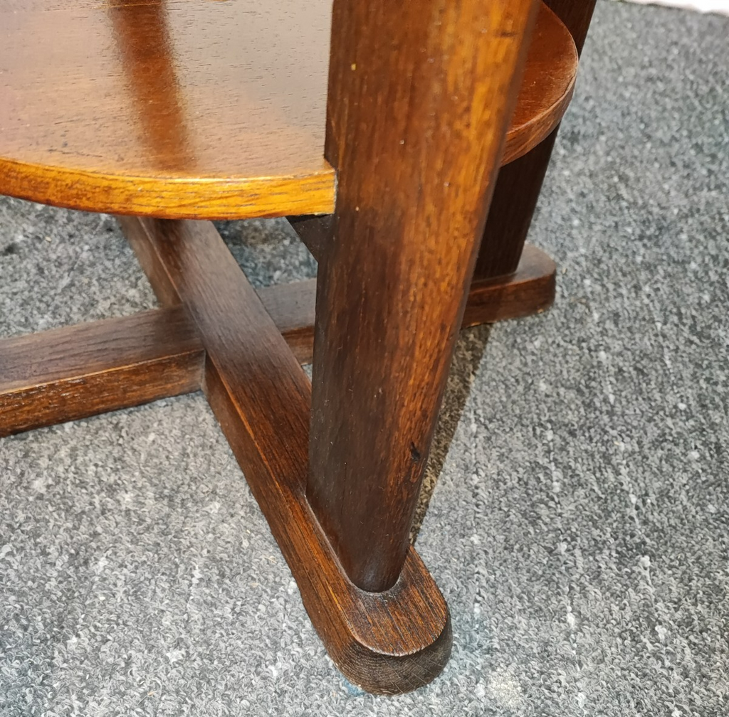 Art Déco Beistelltisch Eiche 2-stöckig Rund 1920er Vintage Kreuzfuß Massivholz